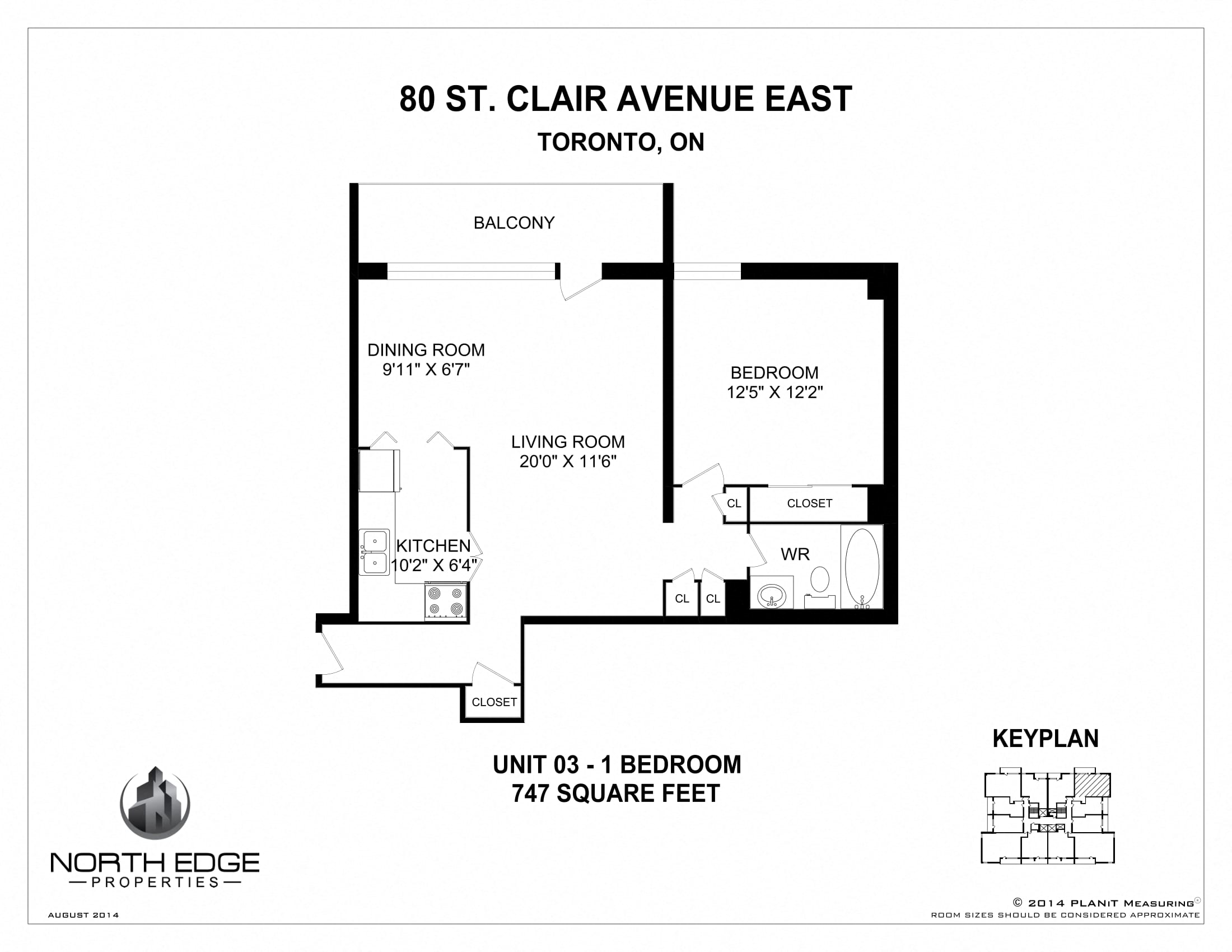 Floor plan for 1 bed, 1 bath, 747 sqft